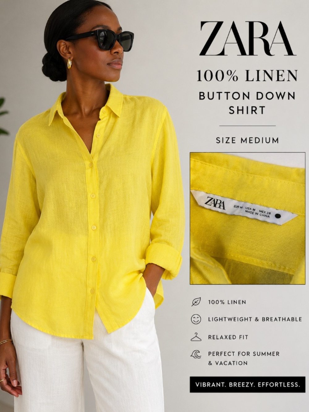 Zara 100% Linen Yellow Button Down Shirt Blouse Size M